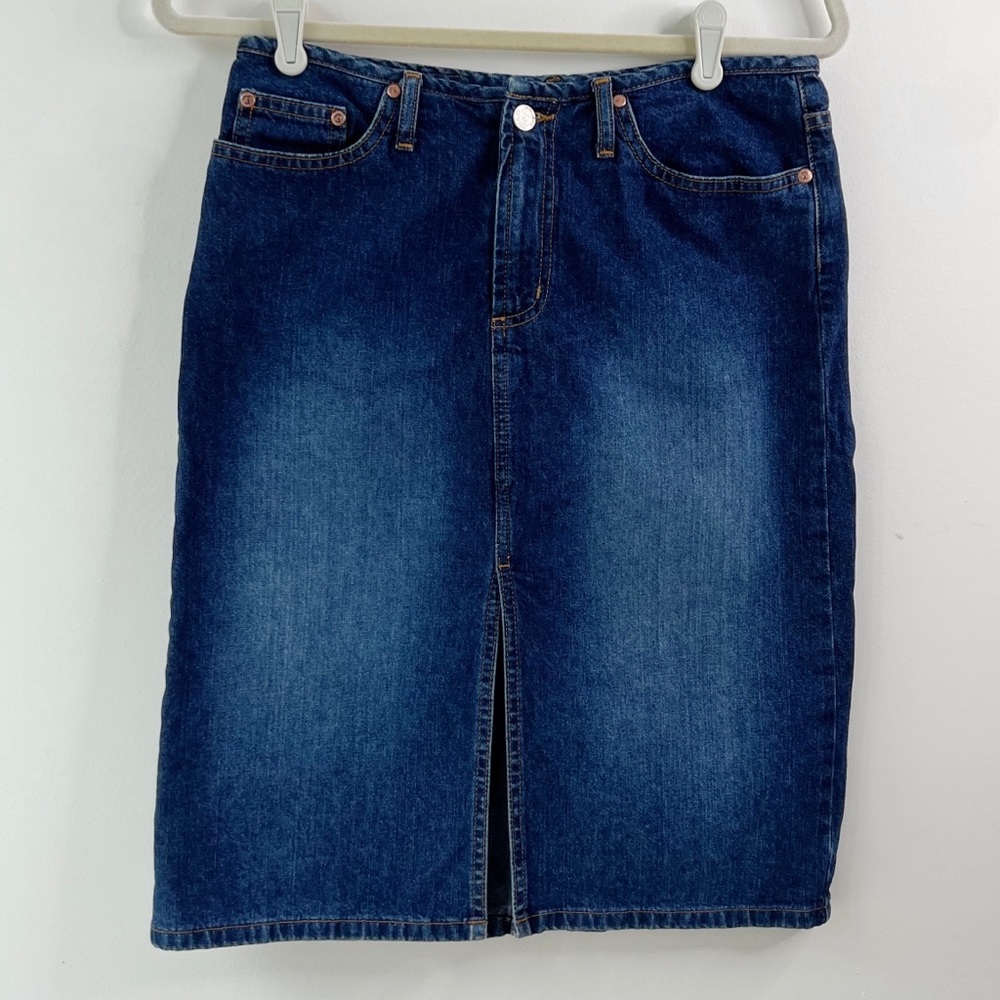 Vintage Y2K high waisted jeans skirt below knee  front slit dark denim Sz3